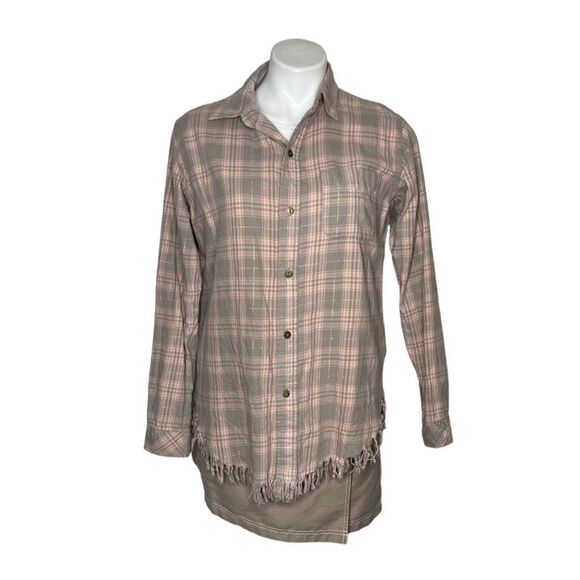 CURRENT ELLIOTT Plaid Shirt The Prep School Fray Pink Taupe Tinsel Size 2 - Picture 2 of 12